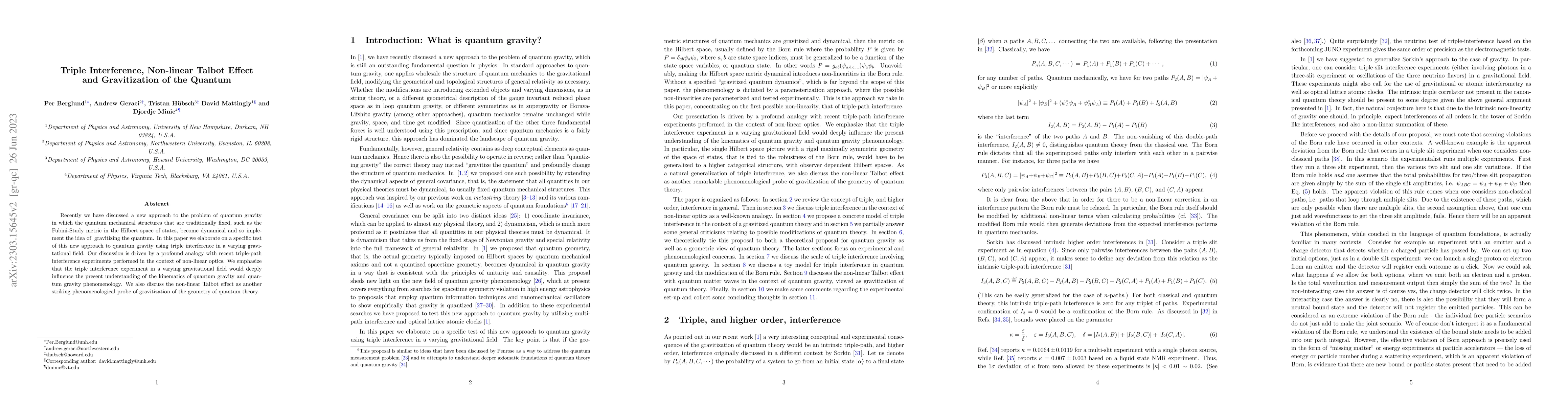Thumbnail for Triple Interference, Non-linear Talbot Effect and Gravitization of the
  Quantum