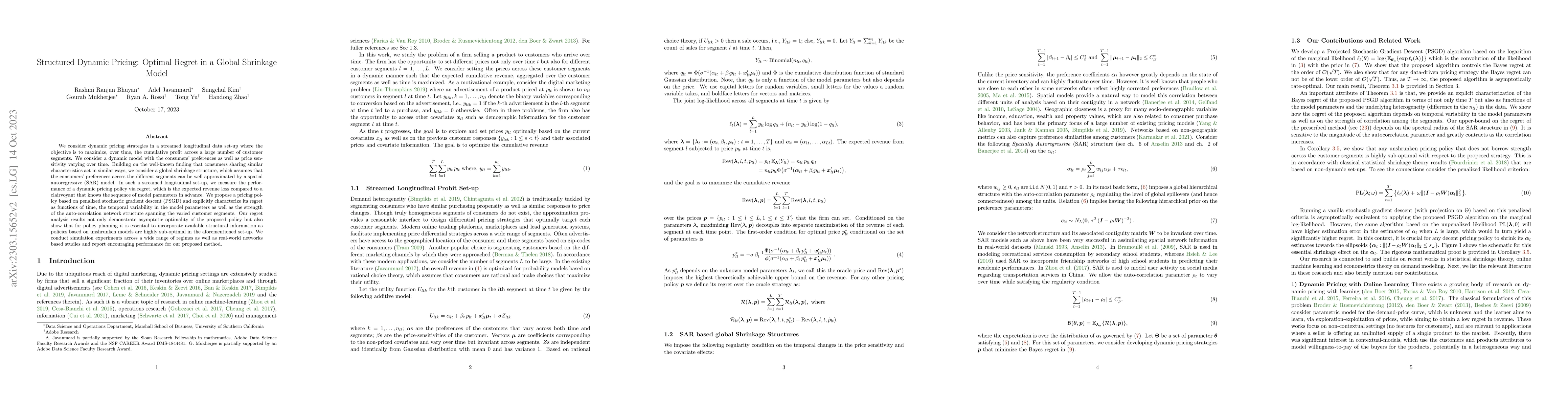 Thumbnail for Structured Dynamic Pricing: Optimal Regret in a Global Shrinkage Model