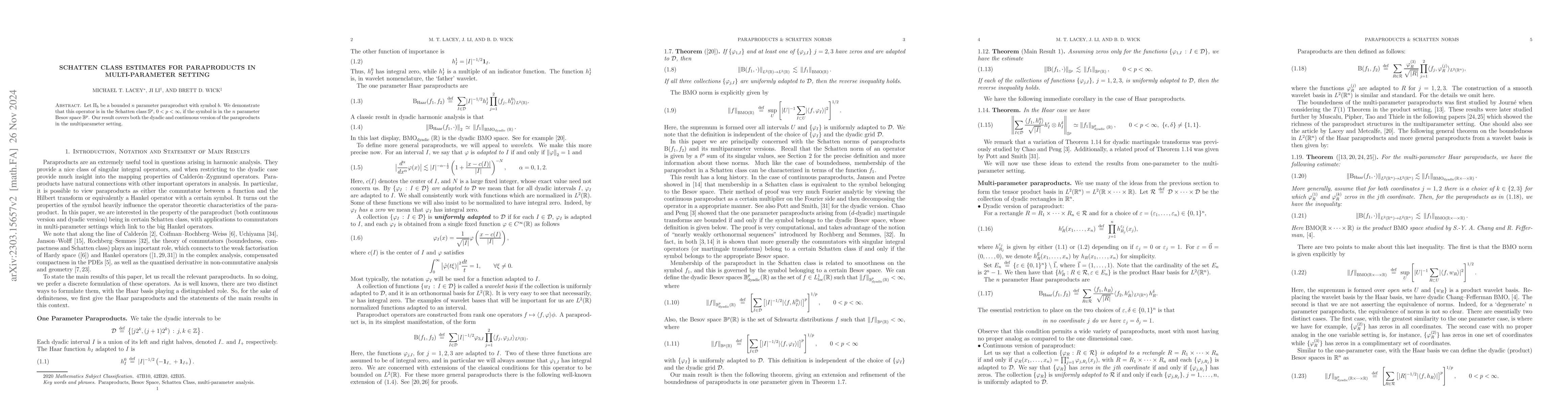 Thumbnail for Schatten Class Estimates for Paraproducts in Multi-parameter setting and
  applications