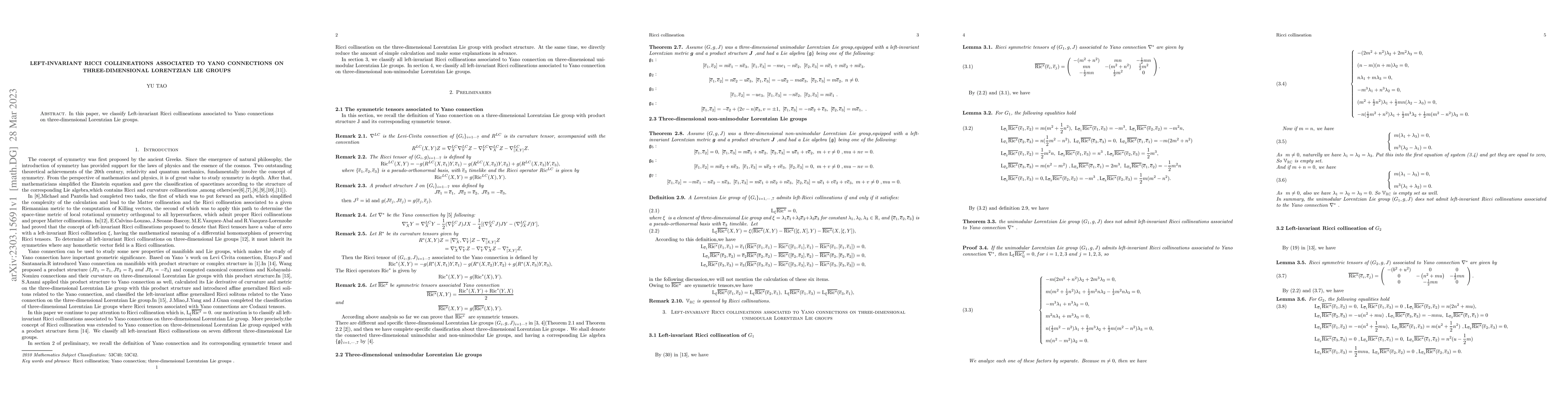 Thumbnail for Left-invariant Ricci collineations associated to Yano connections on
  three-dimensional Lorentzian Lie groups