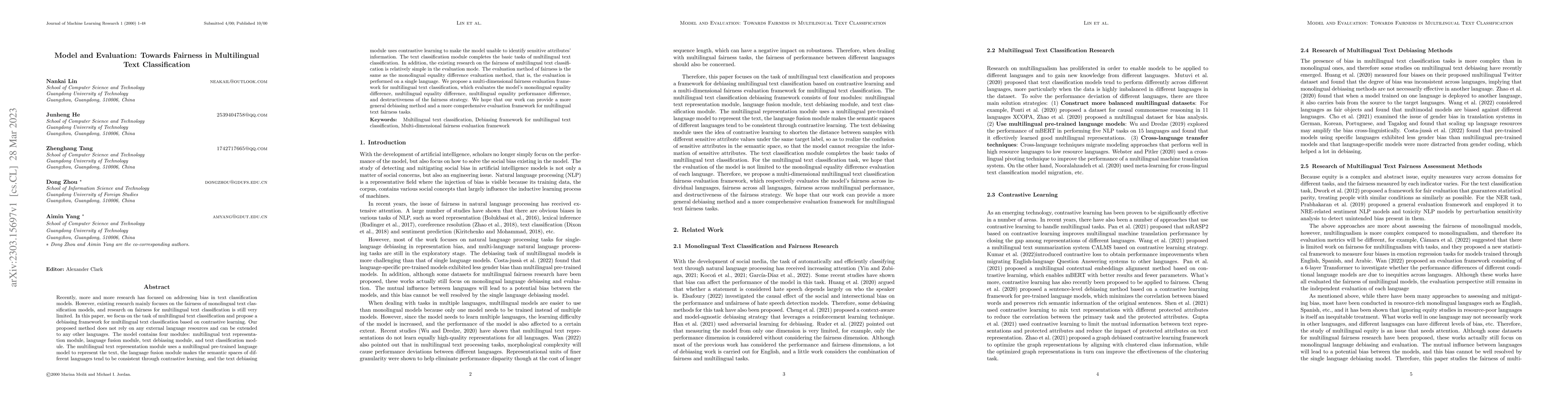 Thumbnail for Model and Evaluation: Towards Fairness in Multilingual Text
  Classification