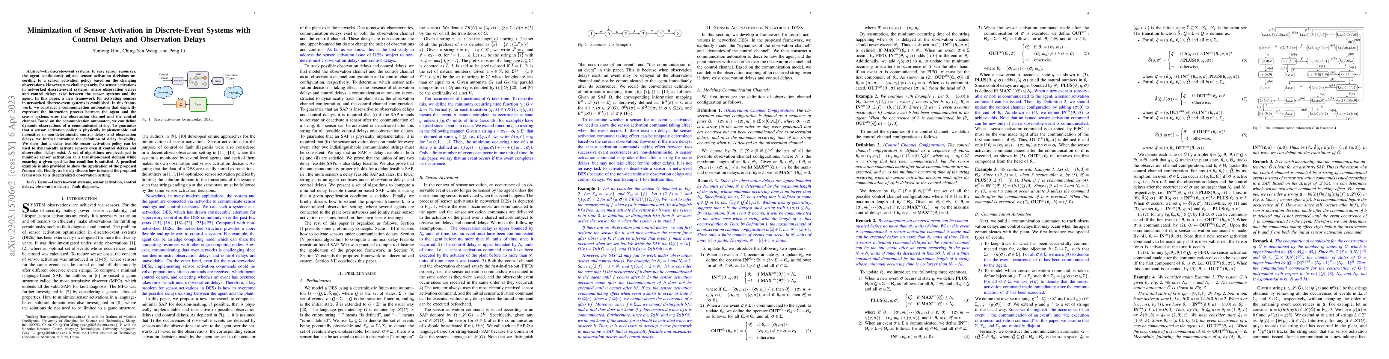 Thumbnail for Minimization of Sensor Activation in Discrete-Event Systems with Control
  Delays and Observation Delays