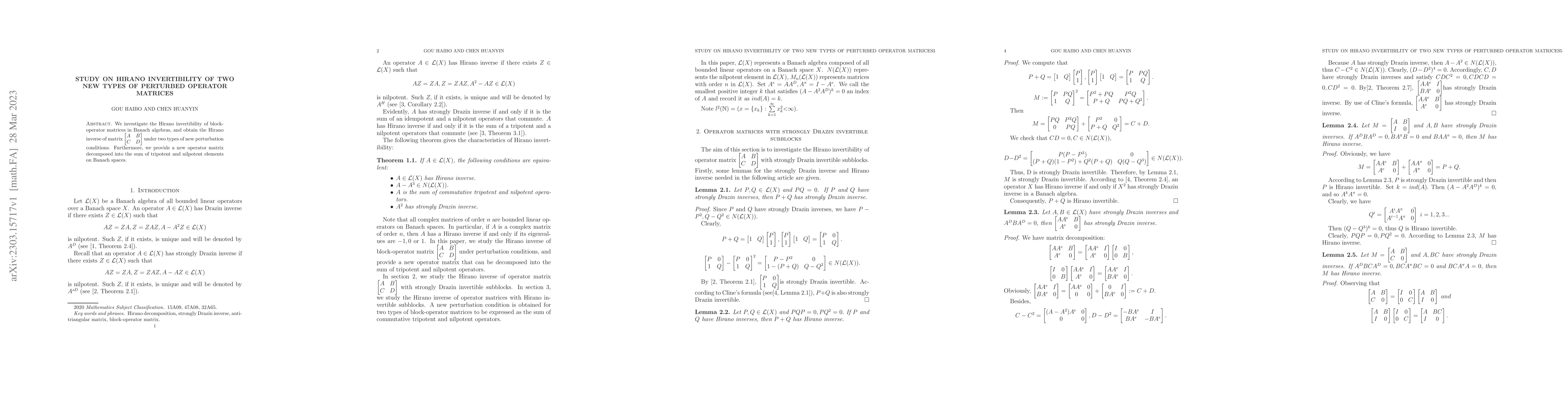 Thumbnail for Study on Hirano Invertibility of Two New Types of Perturbed Operator
  Matrices
