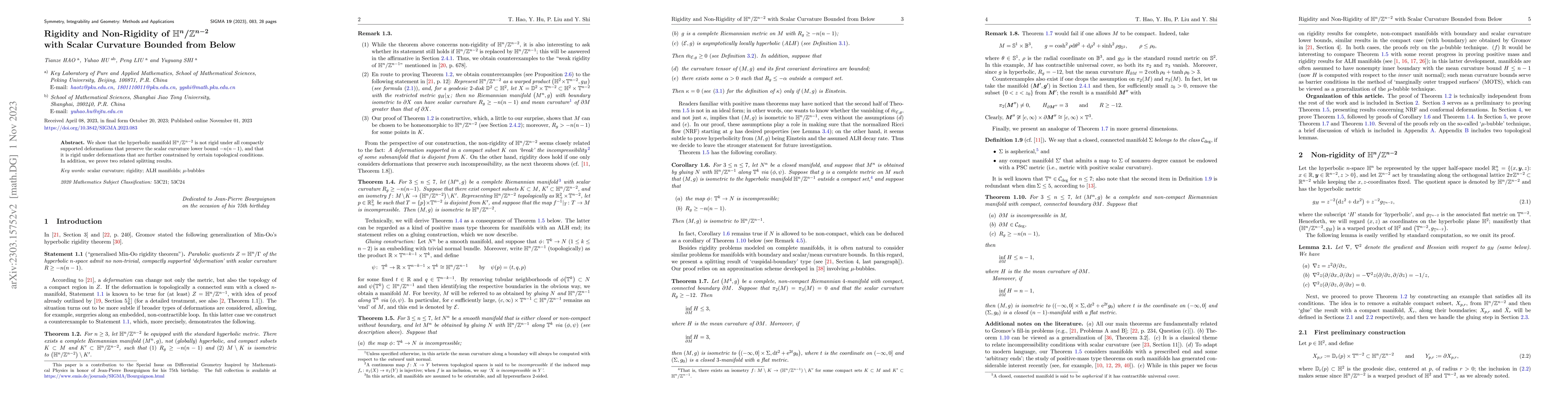 Thumbnail for Rigidity and Non-Rigidity of $\mathbb{H}^n/\mathbb{Z}^{n-2}$ with Scalar
  Curvature Bounded from Below