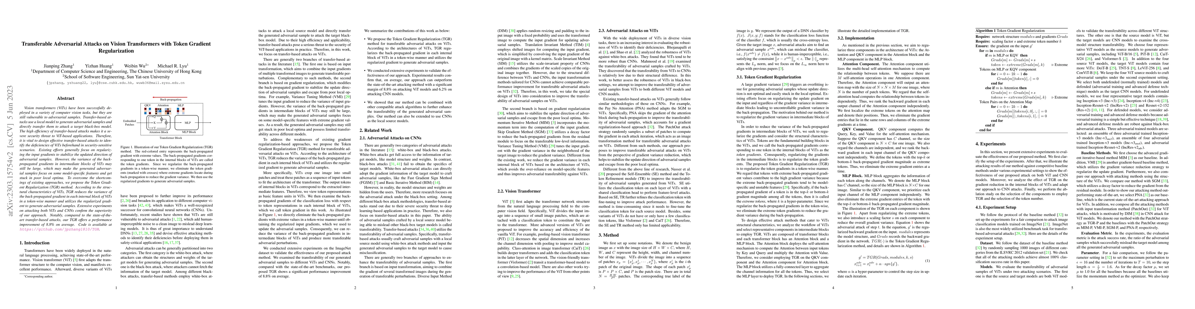 Thumbnail for Transferable Adversarial Attacks on Vision Transformers with Token
  Gradient Regularization