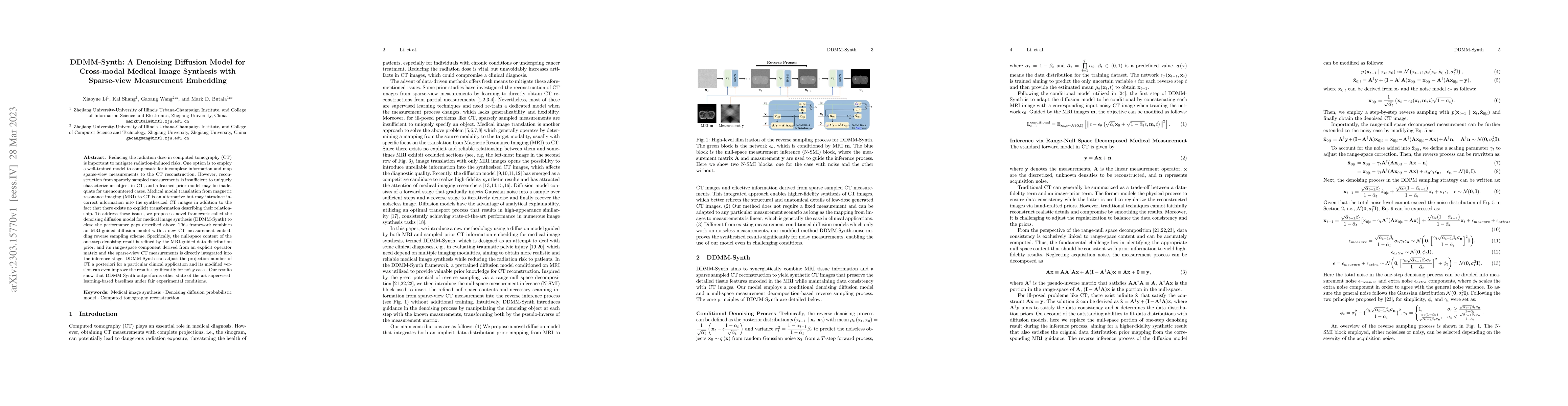 Thumbnail for DDMM-Synth: A Denoising Diffusion Model for Cross-modal Medical Image
  Synthesis with Sparse-view Measurement Embedding