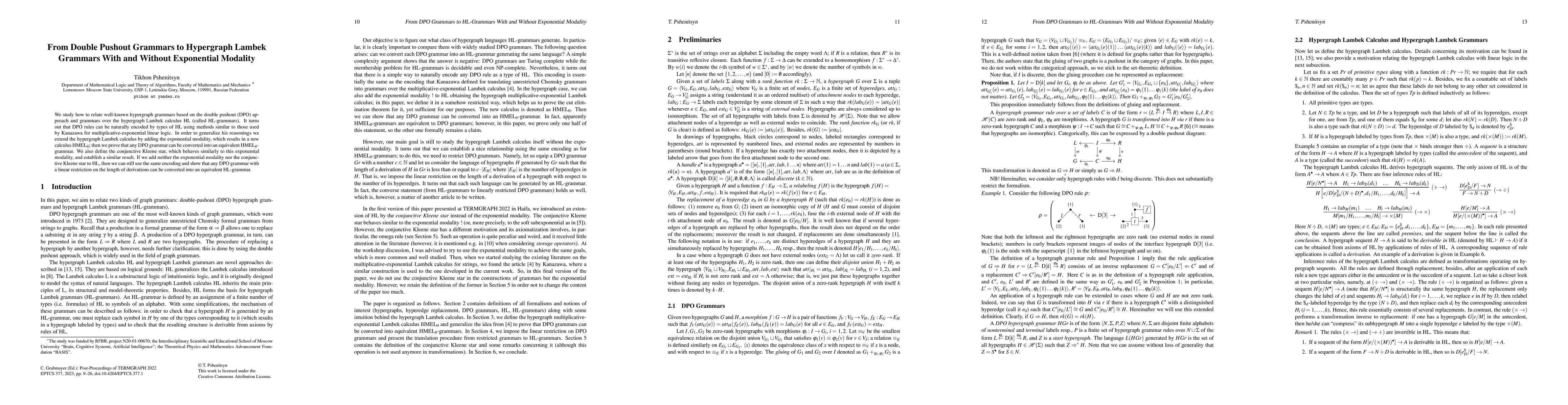 Thumbnail for From Double Pushout Grammars to Hypergraph Lambek Grammars With and
  Without Exponential Modality