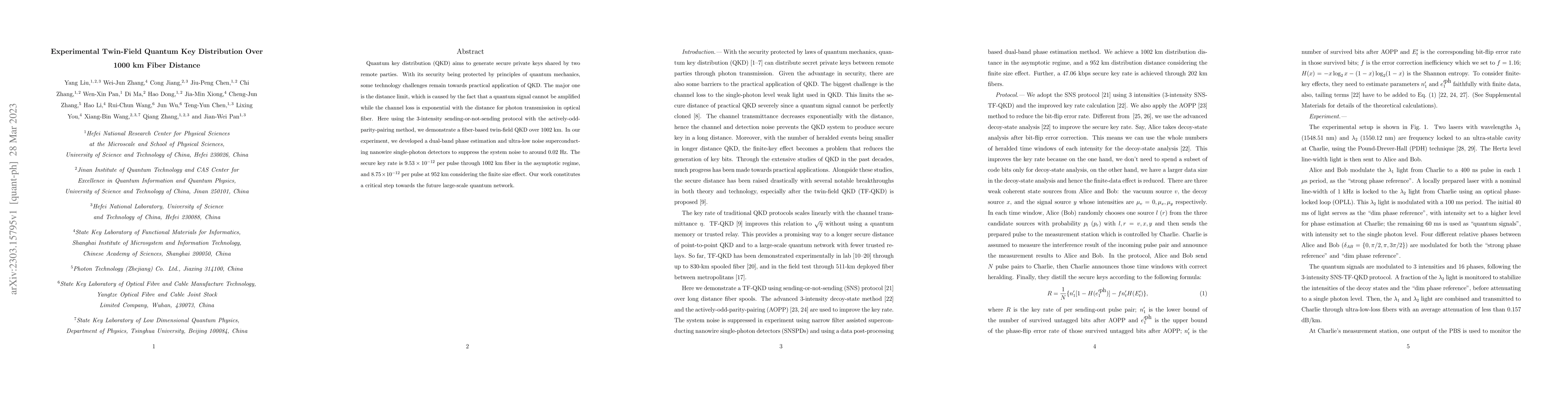 Thumbnail for Experimental Twin-Field Quantum Key Distribution Over 1000 km Fiber
  Distance