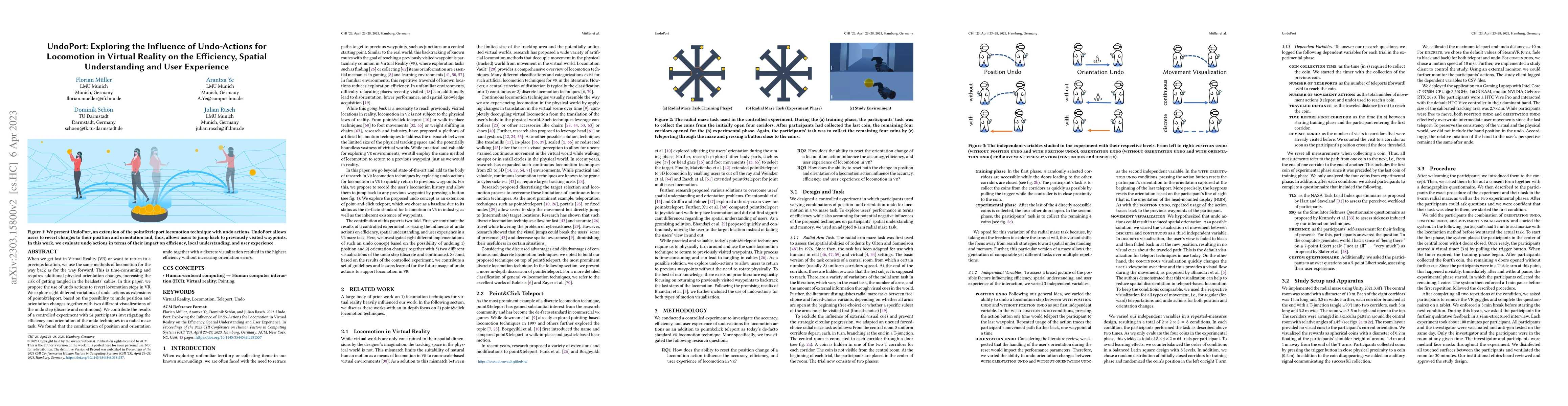 Thumbnail for UndoPort: Exploring the Influence of Undo-Actions for Locomotion in
  Virtual Reality on the Efficiency, Spatial Understanding and User Experience