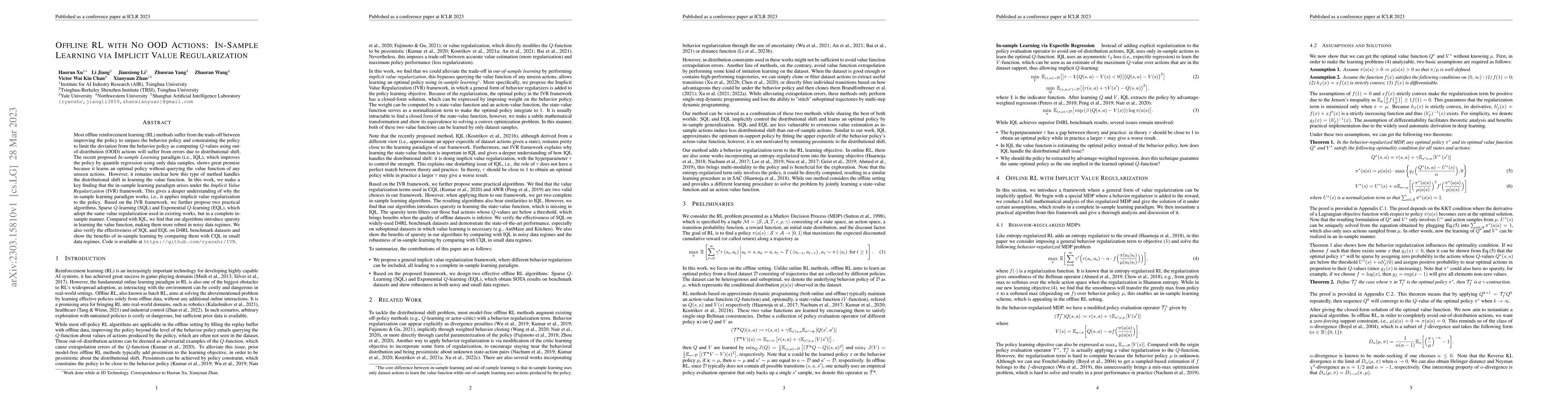 Thumbnail for Offline RL with No OOD Actions: In-Sample Learning via Implicit Value
  Regularization