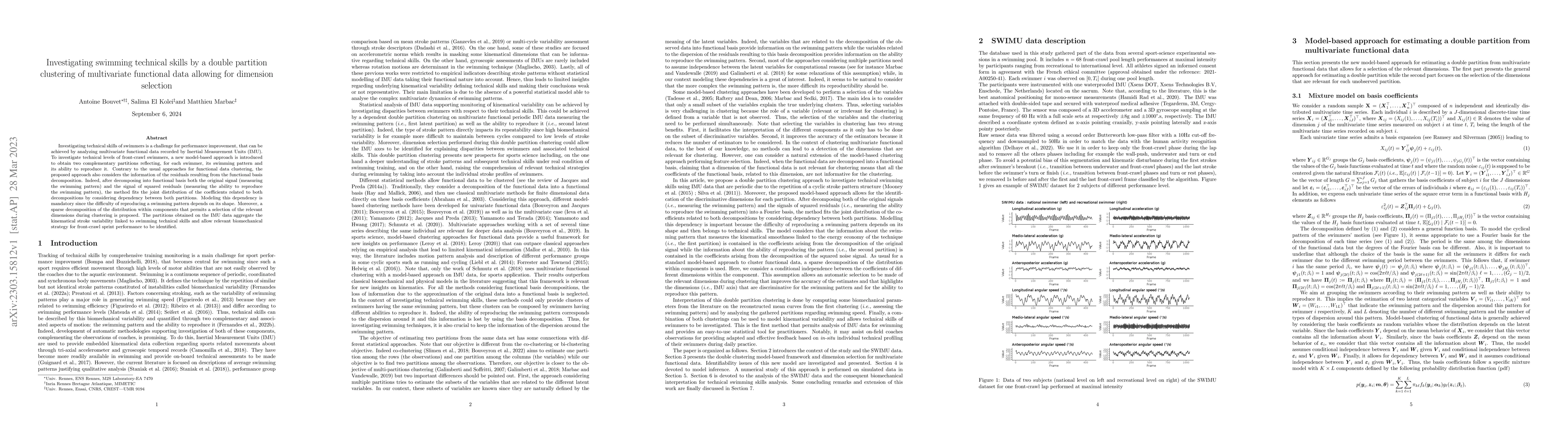 Thumbnail for Investigating swimming technical skills by a double partition clustering
  of multivariate functional data allowing for dimension selection