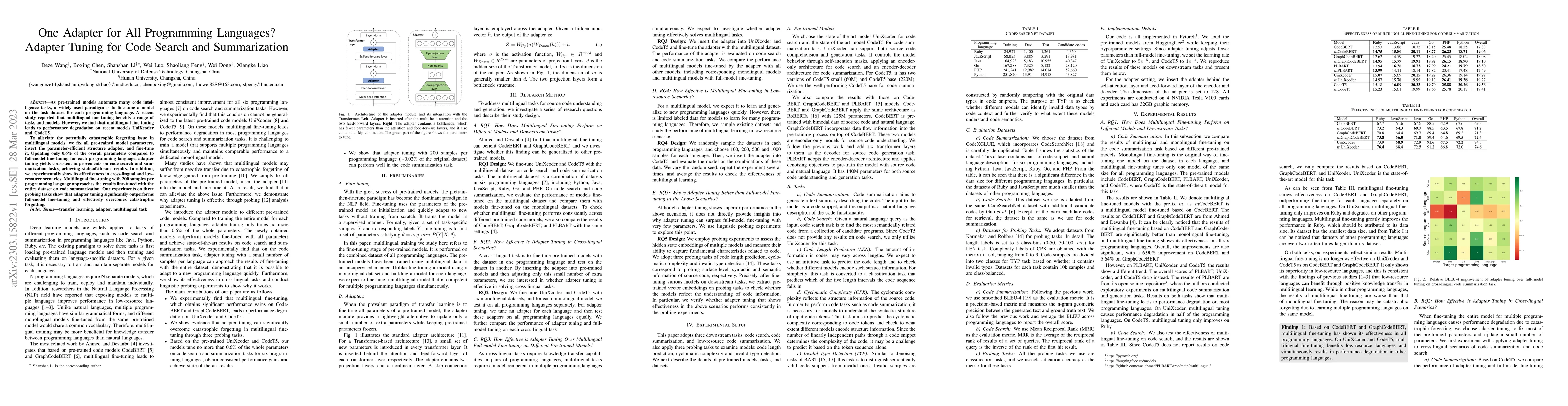 Thumbnail for One Adapter for All Programming Languages? Adapter Tuning for Code
  Search and Summarization