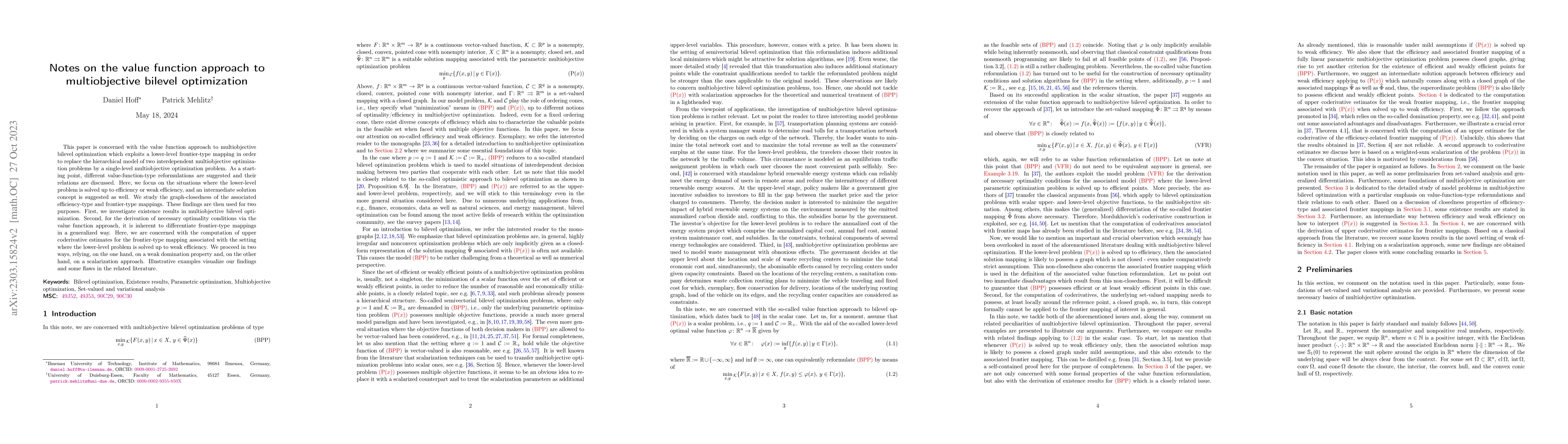 Thumbnail for Notes on the value function approach to multiobjective bilevel
  optimization