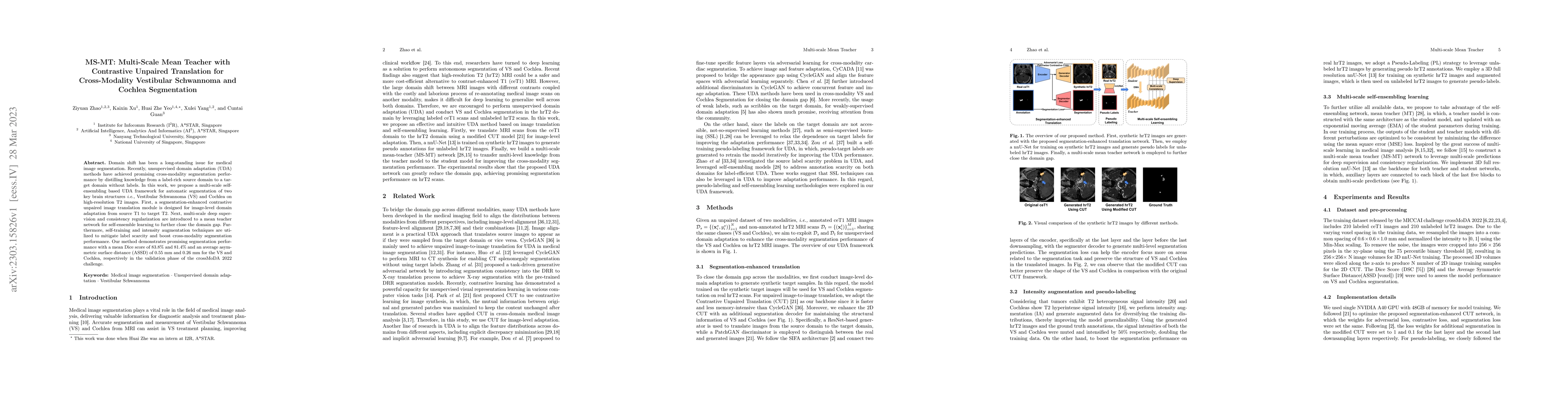 Thumbnail for MS-MT: Multi-Scale Mean Teacher with Contrastive Unpaired Translation
  for Cross-Modality Vestibular Schwannoma and Cochlea Segmentation