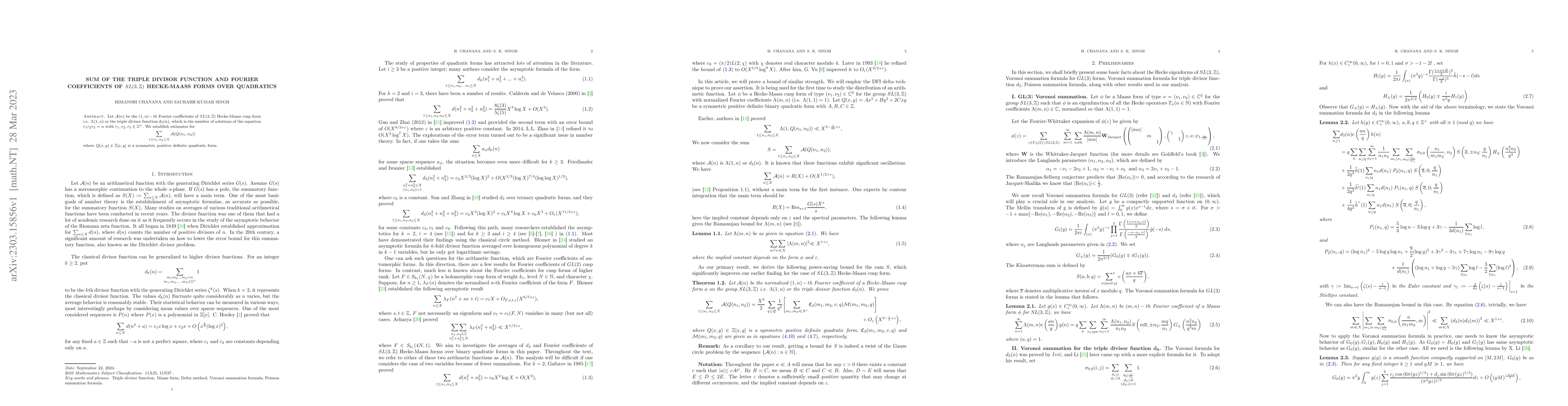 Thumbnail for Sum of the triple divisor function and Fourier coefficients of
  $SL(3,\mathbb{Z})$ Hecke-Maass forms over quadratics