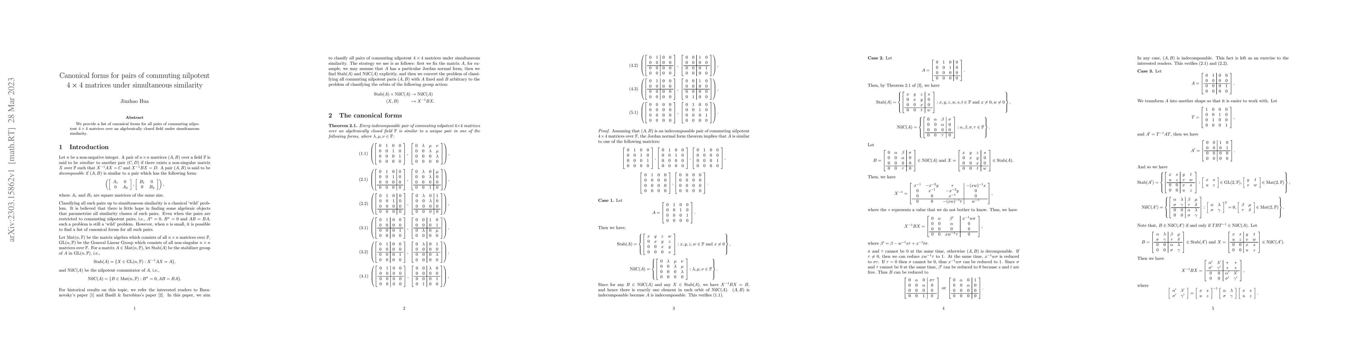 Thumbnail for Canonical forms for pairs of commuting nilpotent $4\times 4$ matrices
  under simultaneous similarity