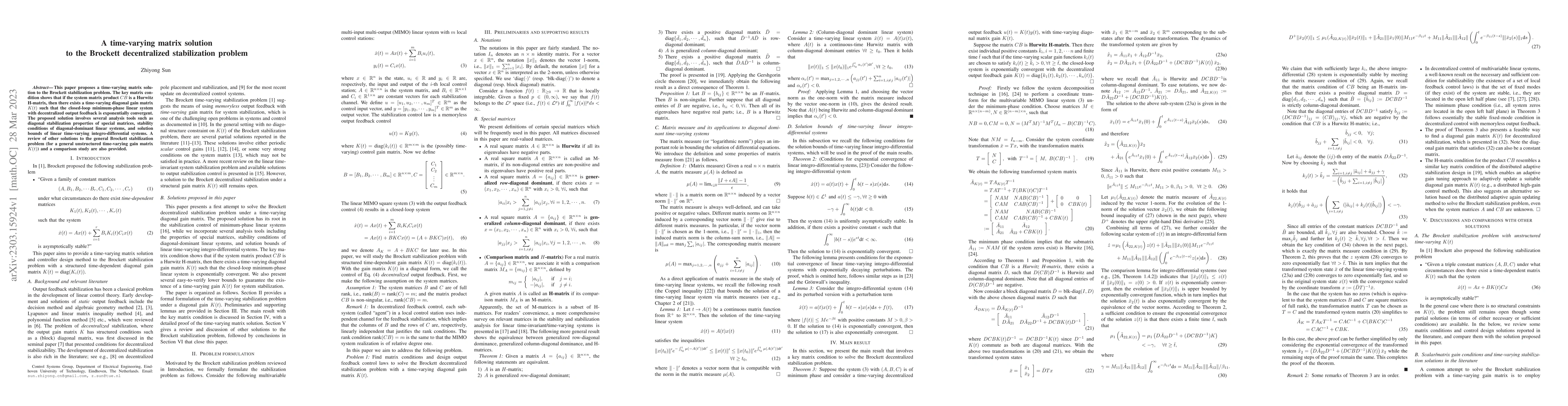 Thumbnail for A time-varying matrix solution to the Brockett decentralized
  stabilization problem