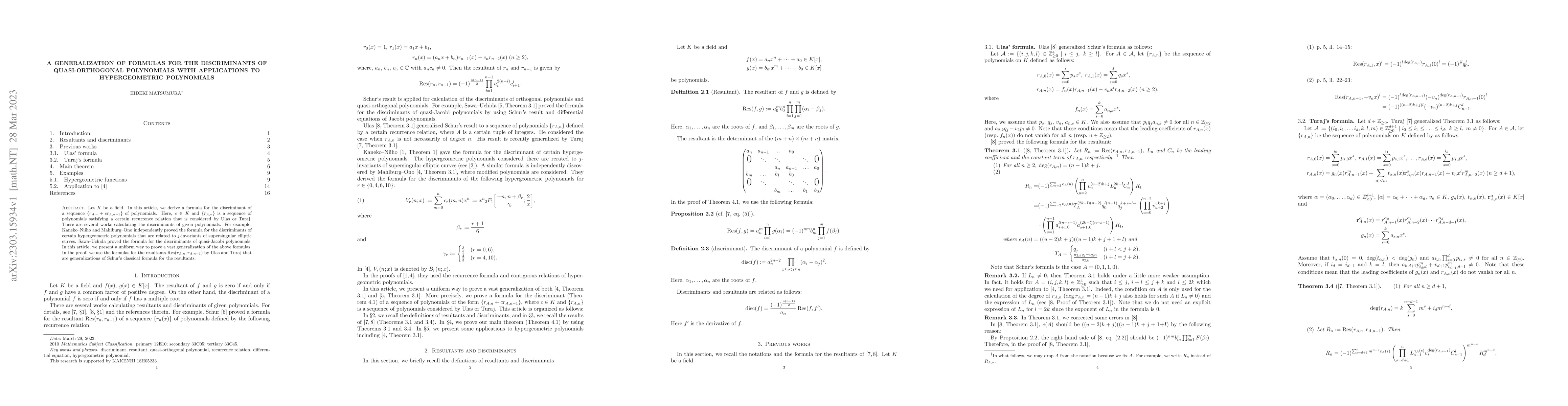 Thumbnail for A generalization of formulas for the discriminants of quasi-orthogonal
  polynomials with applications to hypergeometric polynomials