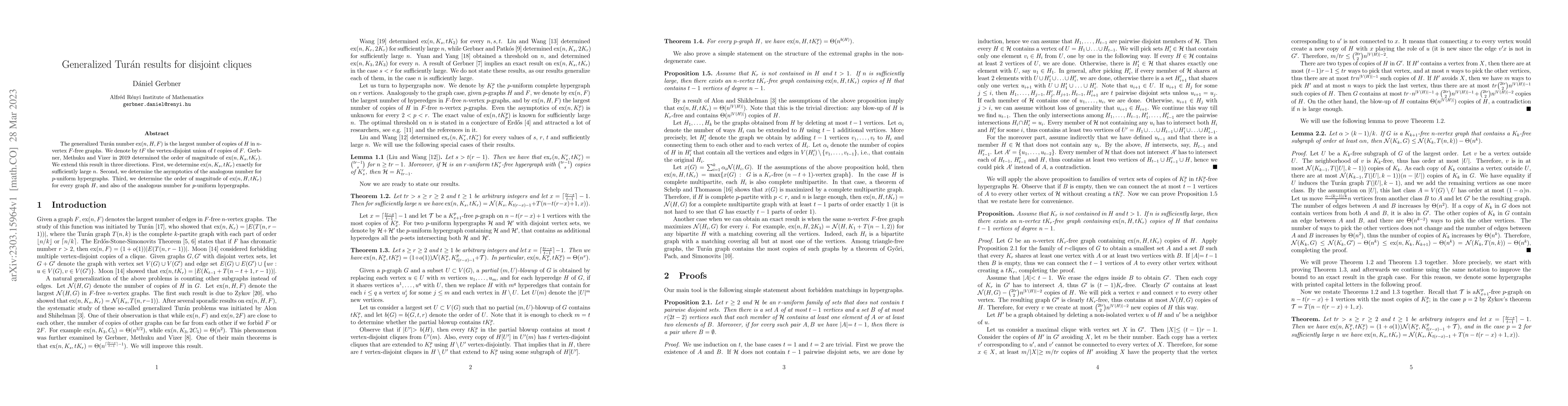 Thumbnail for Generalized Tur\'an results for disjoint cliques