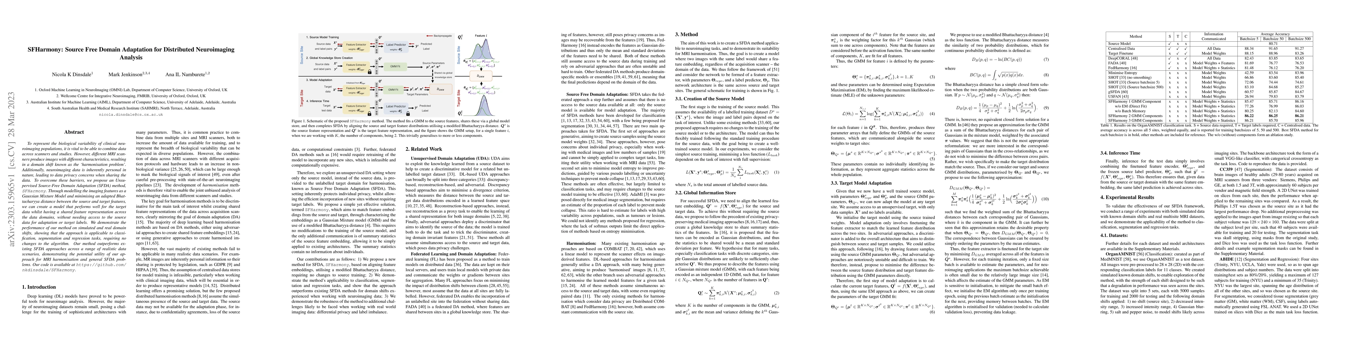 Thumbnail for SFHarmony: Source Free Domain Adaptation for Distributed Neuroimaging
  Analysis