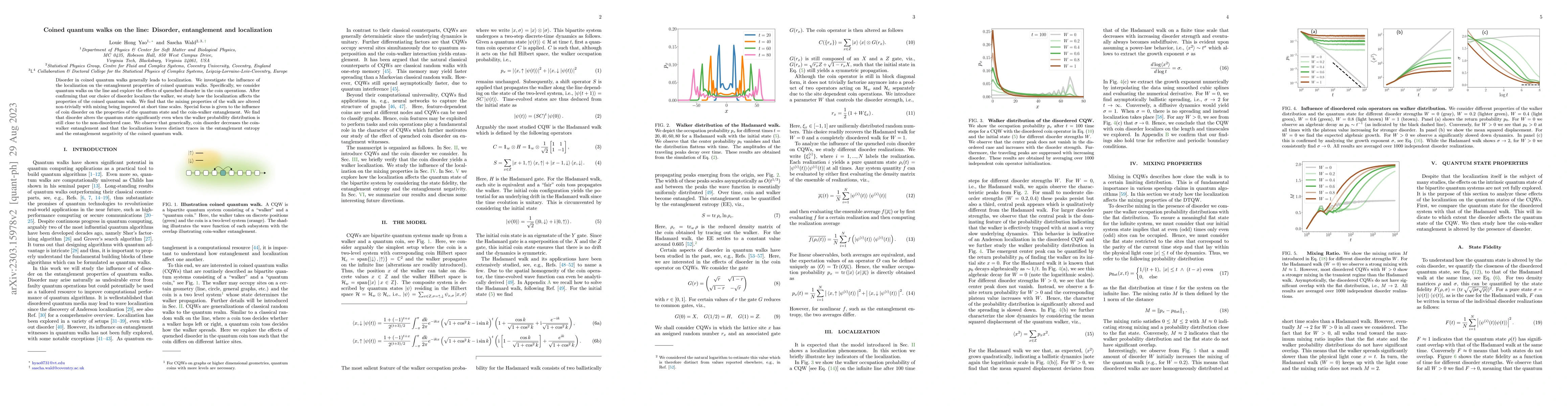 Thumbnail for Coined quantum walks on the line: Disorder, entanglement, and
  localization
