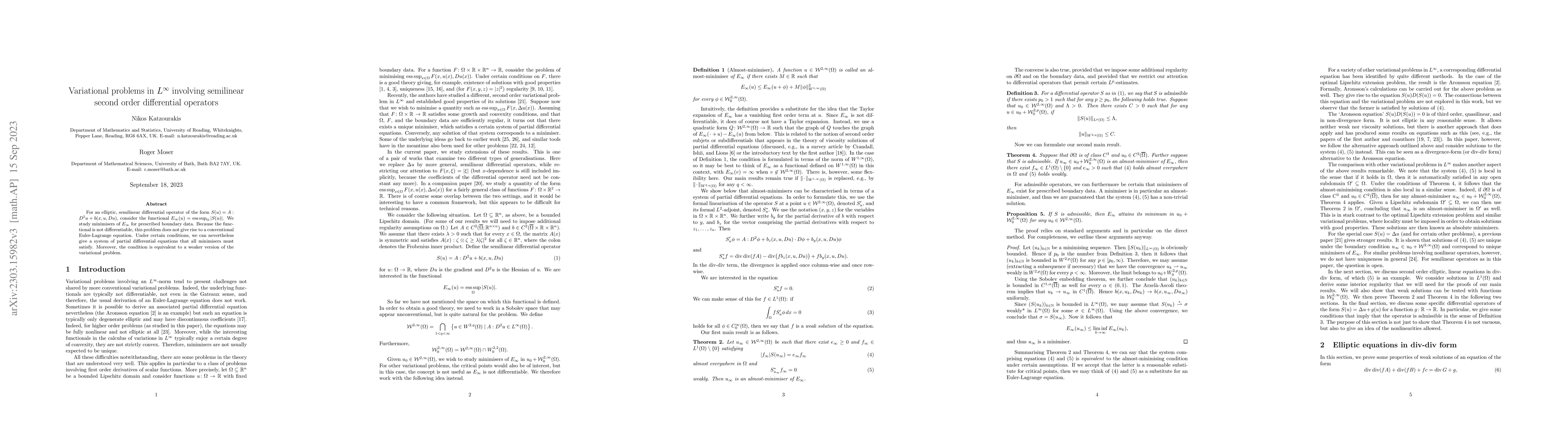 Thumbnail for Variational problems in $L^\infty$ involving semilinear second order
  differential operators