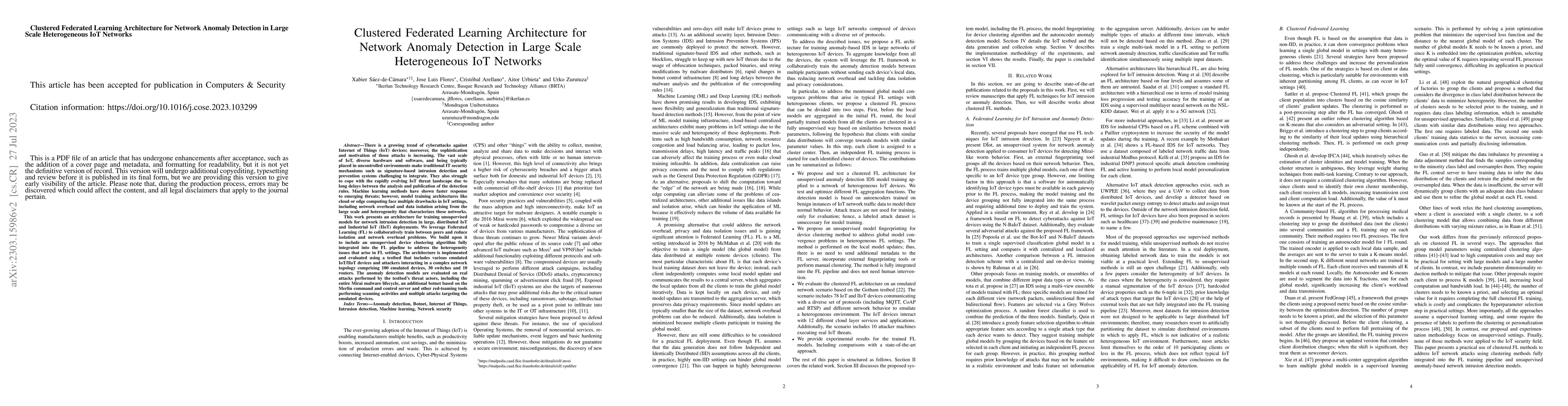 Thumbnail for Clustered Federated Learning Architecture for Network Anomaly Detection
  in Large Scale Heterogeneous IoT Networks
