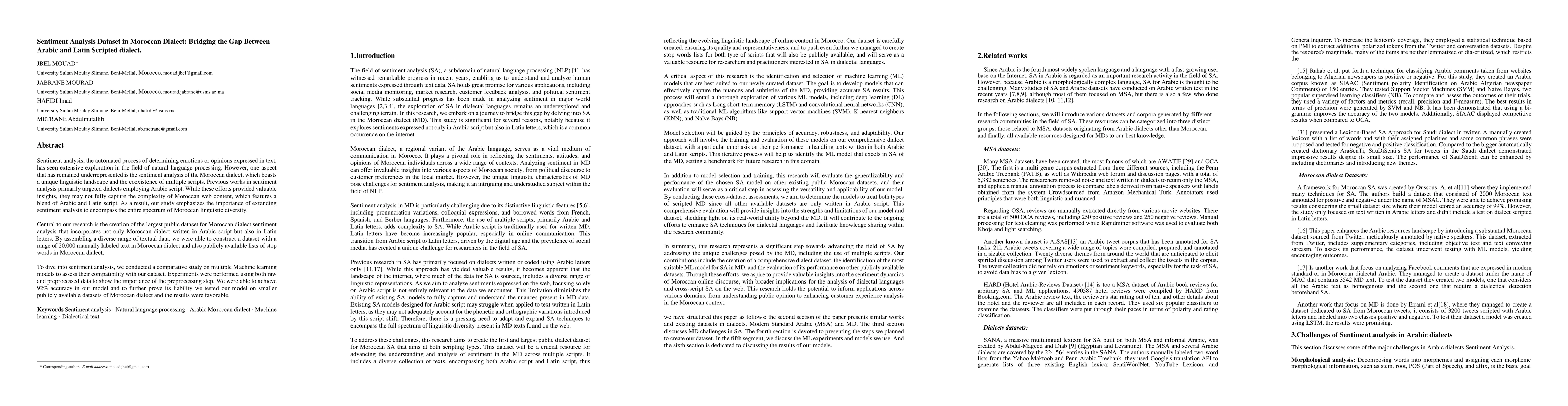 Thumbnail for Sentiment Analysis Dataset in Moroccan Dialect: Bridging the Gap Between
  Arabic and Latin Scripted dialect