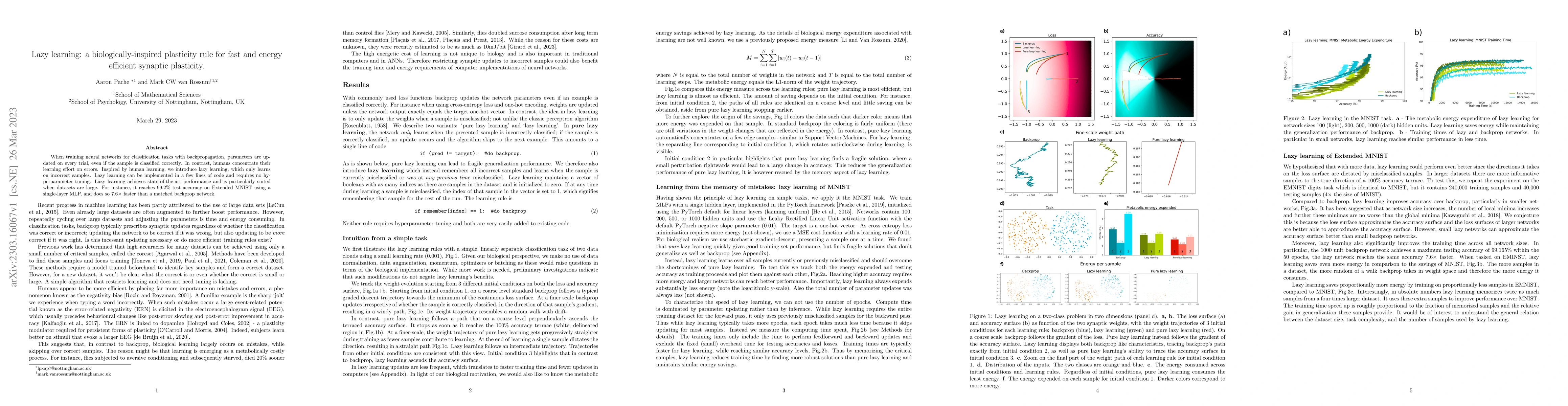 Thumbnail for Lazy learning: a biologically-inspired plasticity rule for fast and
  energy efficient synaptic plasticity