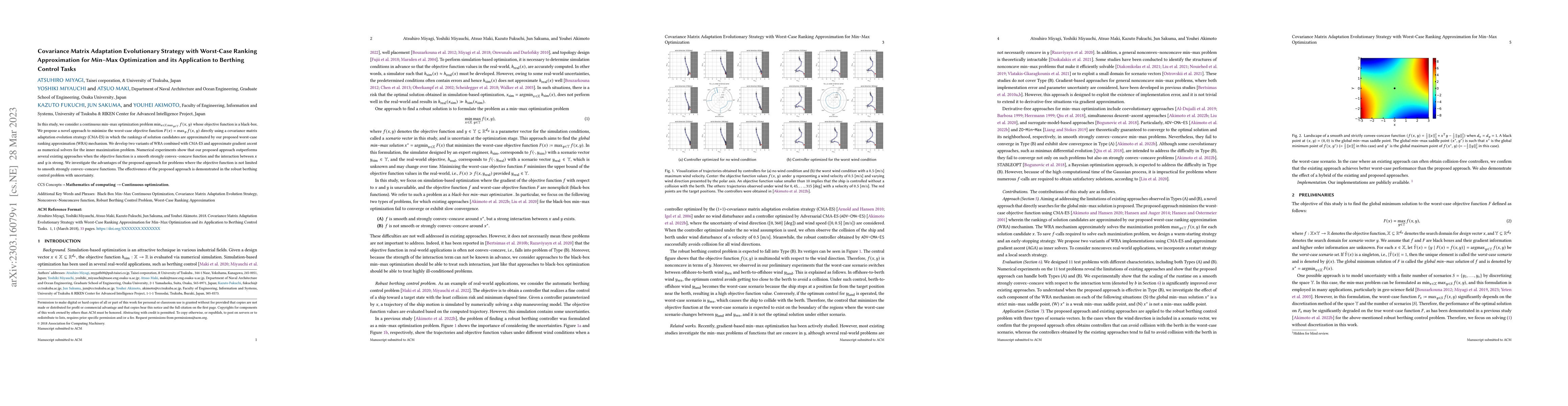 Thumbnail for Covariance Matrix Adaptation Evolutionary Strategy with Worst-Case
  Ranking Approximation for Min--Max Optimization and its Application to
  Berthing Control Tasks