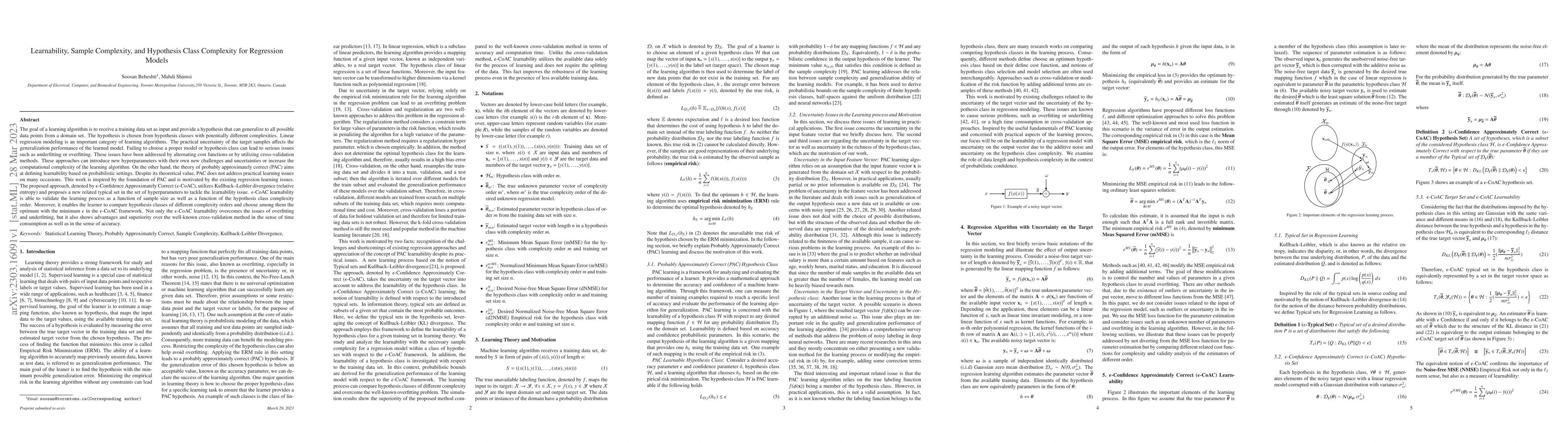 Thumbnail for Learnability, Sample Complexity, and Hypothesis Class Complexity for
  Regression Models