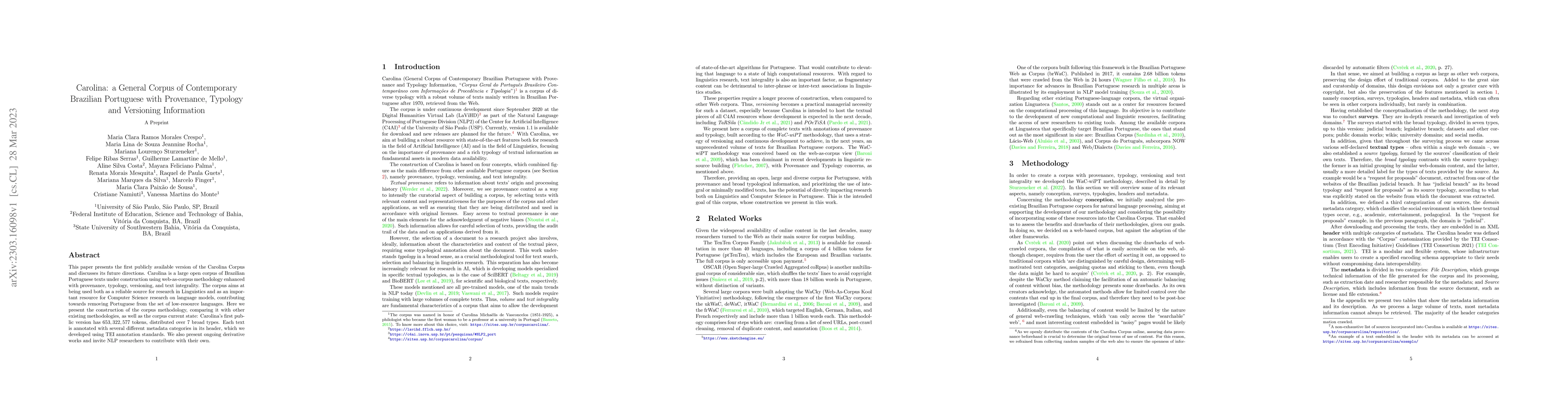 Thumbnail for Carolina: a General Corpus of Contemporary Brazilian Portuguese with
  Provenance, Typology and Versioning Information