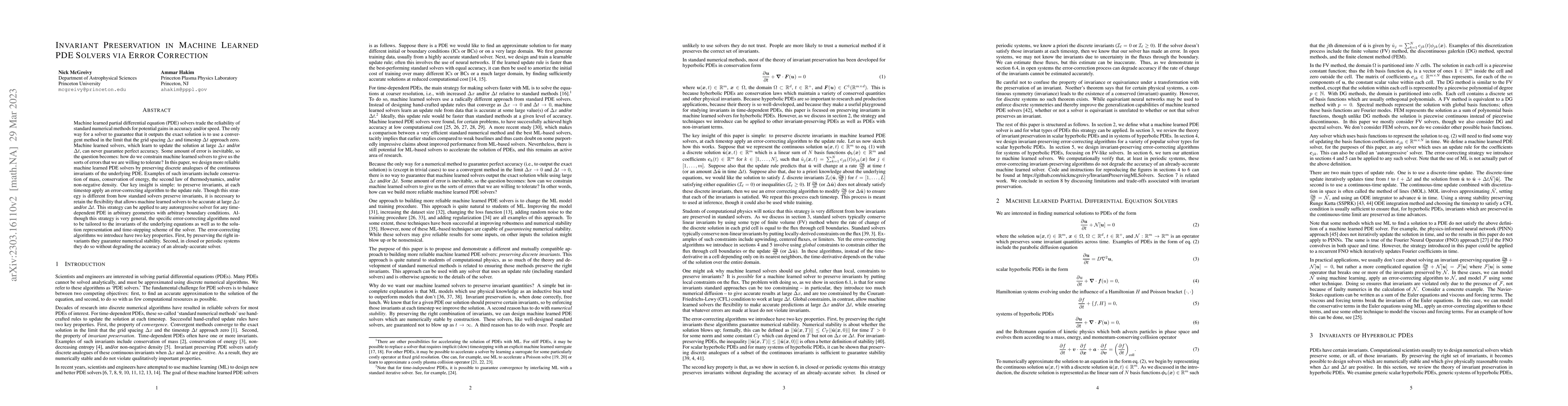 Thumbnail for Invariant preservation in machine learned PDE solvers via error
  correction