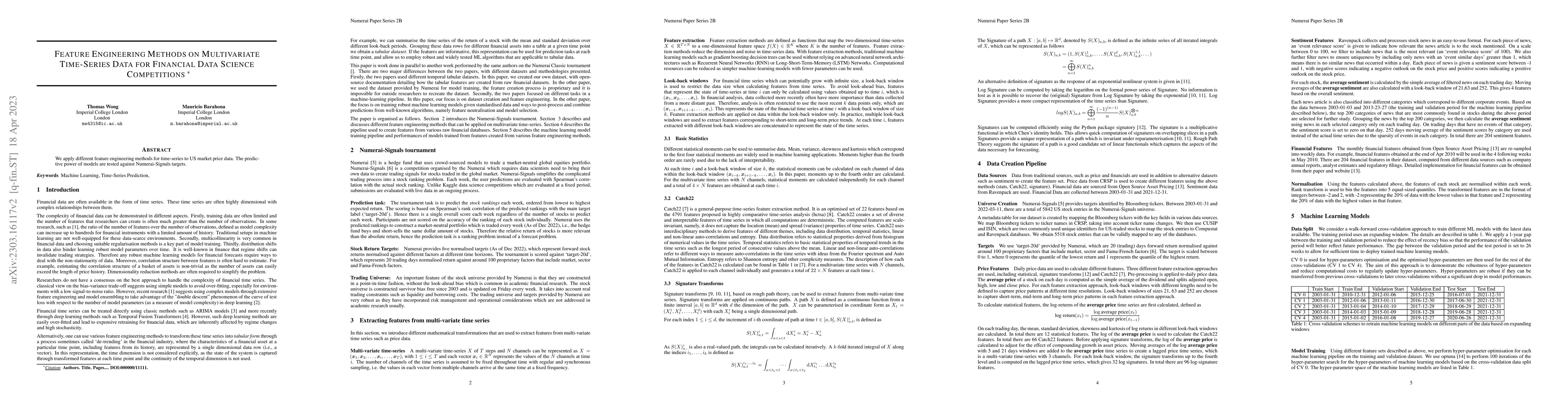 Thumbnail for Feature Engineering Methods on Multivariate Time-Series Data for
  Financial Data Science Competitions