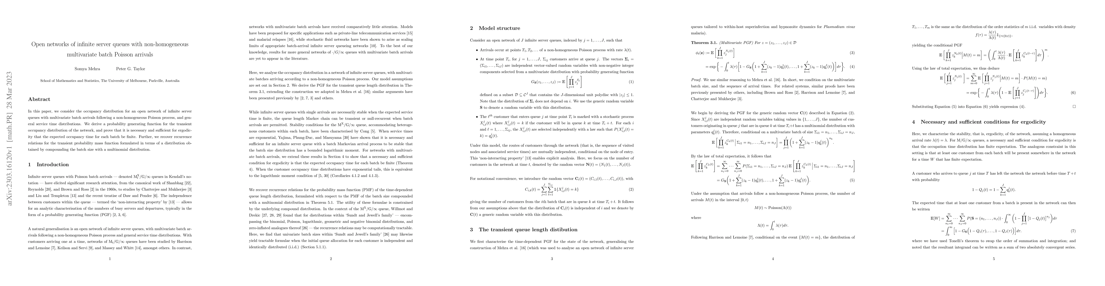 Thumbnail for Open networks of infinite server queues with non-homogeneous
  multivariate batch Poisson arrivals