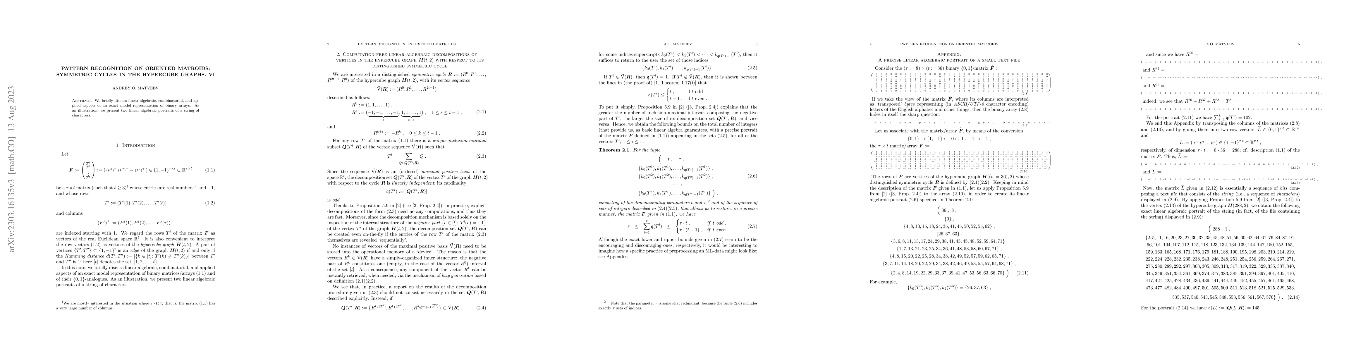 Thumbnail for Pattern Recognition on Oriented Matroids: Symmetric Cycles in the
  Hypercube Graphs. VI