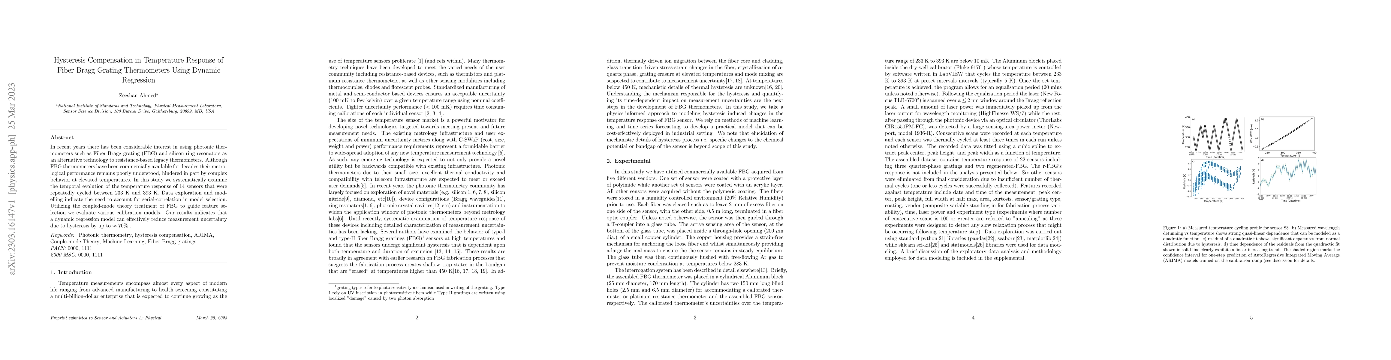 Thumbnail for Hysteresis Compensation in Temperature Response of Fiber Bragg Grating
  Thermometers Using Dynamic Regression