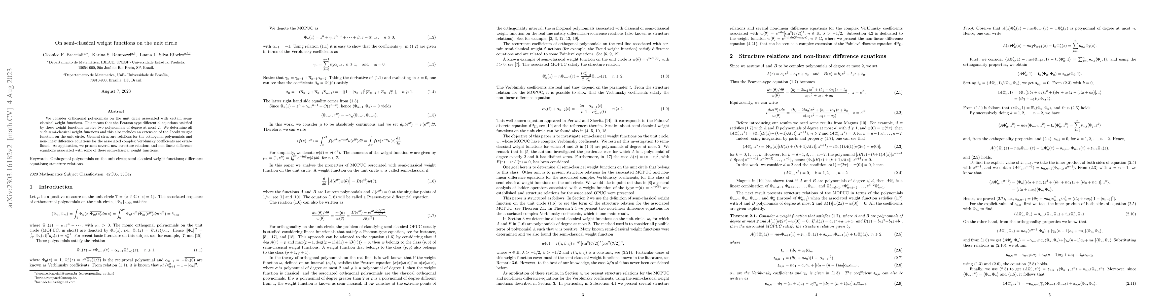 Thumbnail for On semi-classical weight functions on the unit circle