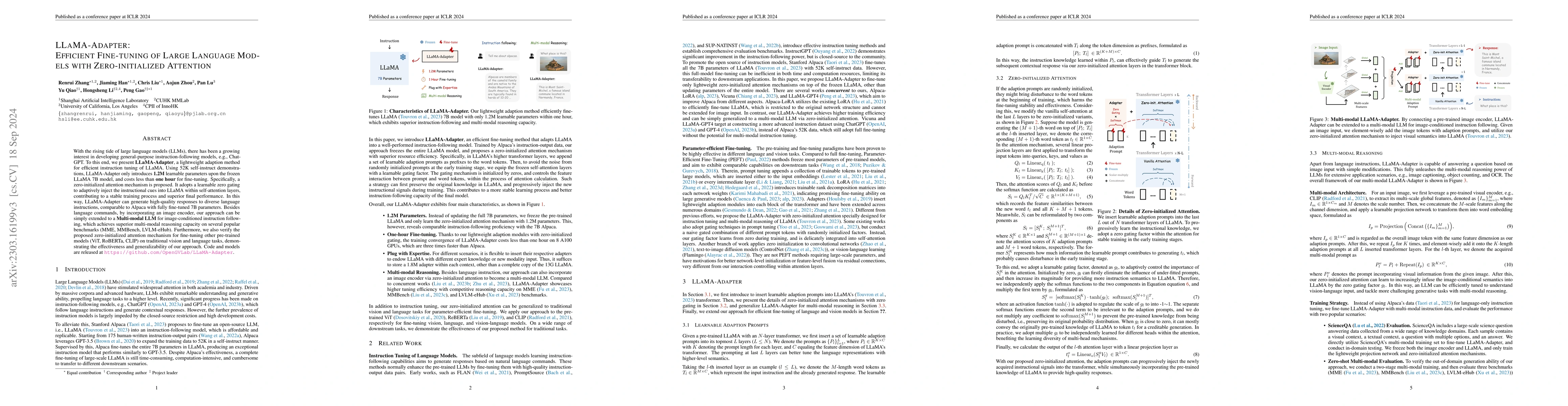 Thumbnail for LLaMA-Adapter: Efficient Fine-tuning of Language Models with Zero-init
  Attention