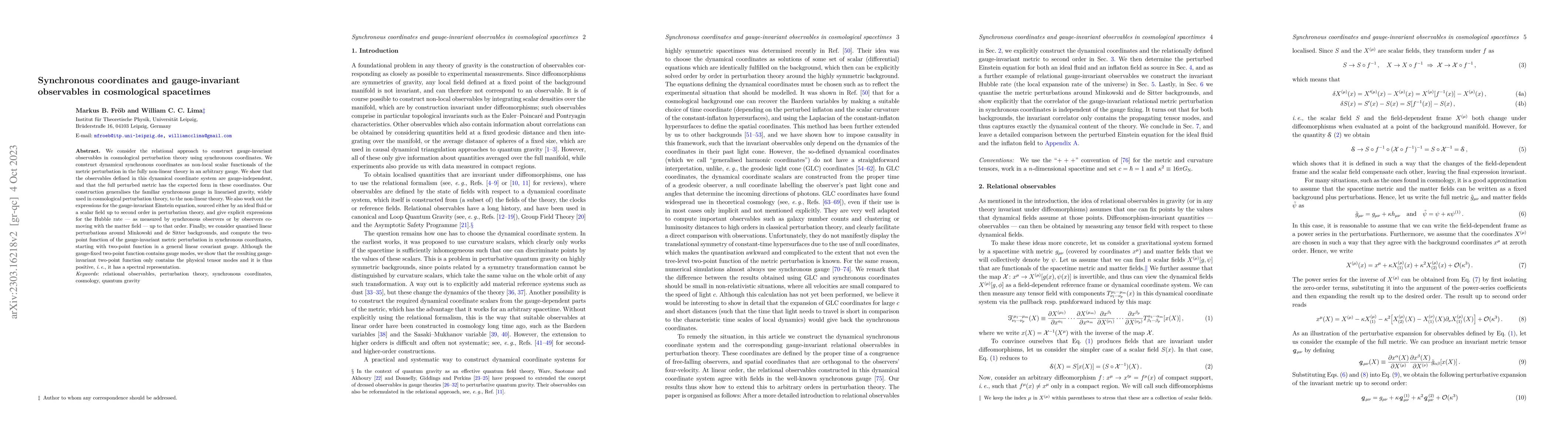 Thumbnail for Synchronous coordinates and gauge-invariant observables in cosmological
  spacetimes