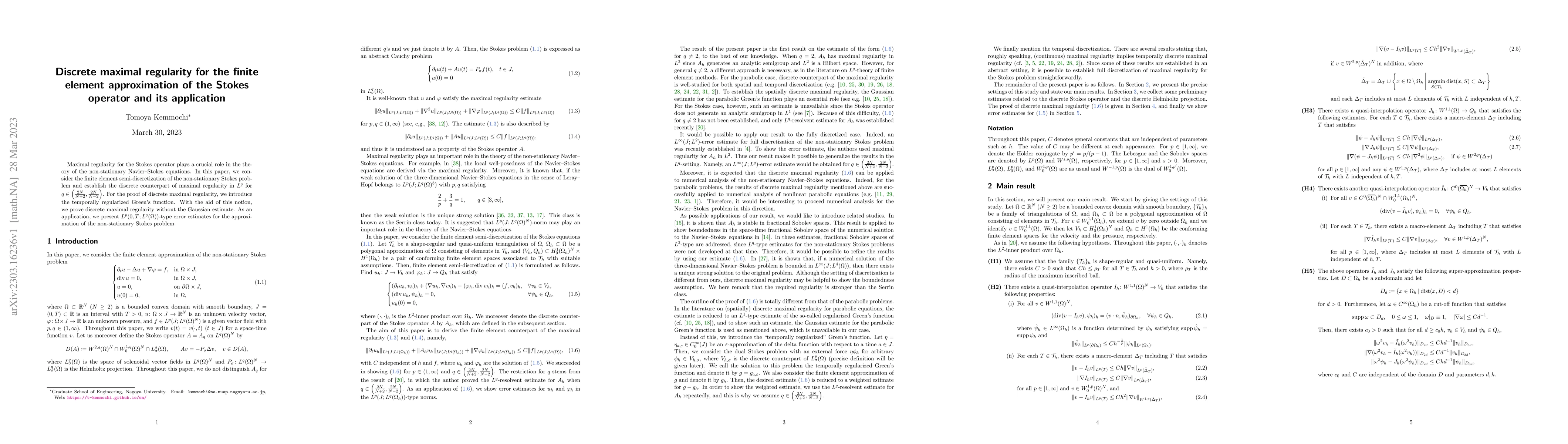 Thumbnail for Discrete maximal regularity for the finite element approximation of the
  Stokes operator and its application