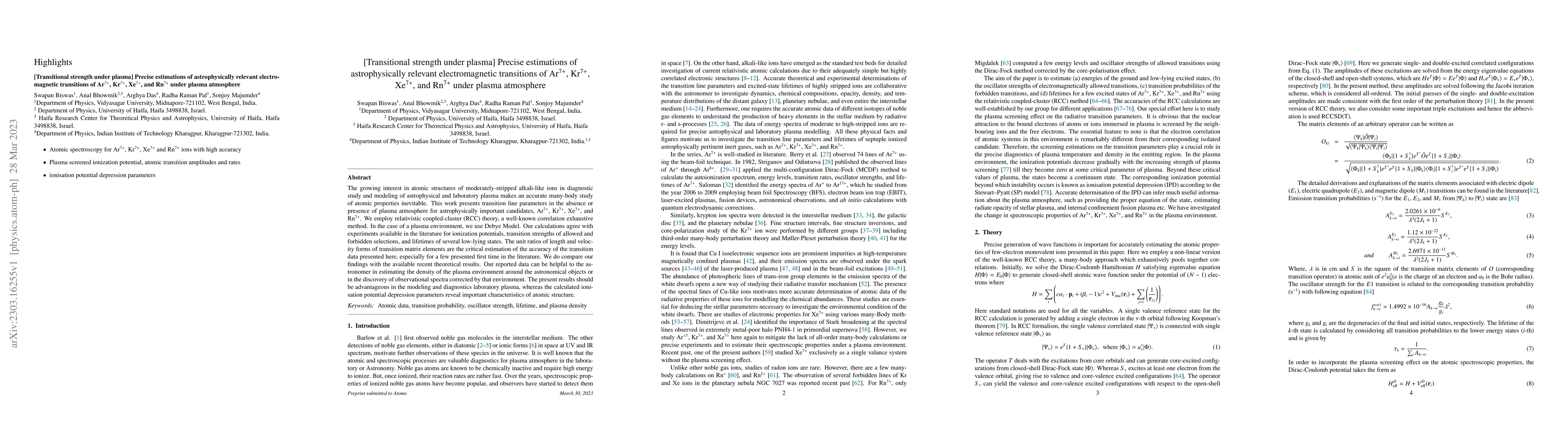 Thumbnail for [Transitional strength under plasma] Precise estimations of
  astrophysically relevant electromagnetic transitions of Ar$^{7+}$, Kr$^{7+}$,
  Xe$^{7+}$, and Rn$^{7+}$ under plasma atmosphere
