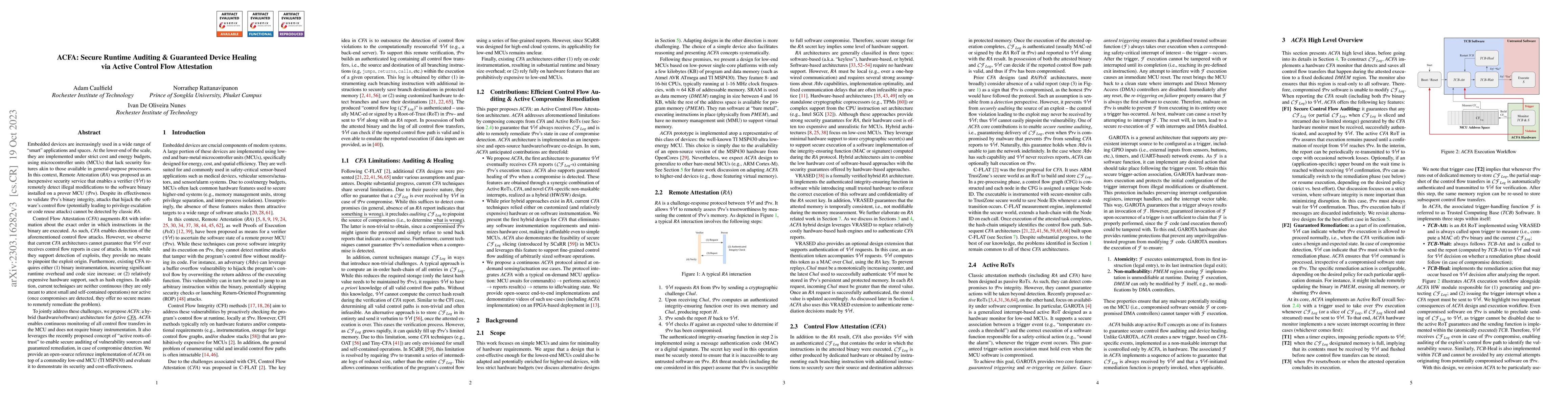 Thumbnail for ACFA: Secure Runtime Auditing & Guaranteed Device Healing via Active
  Control Flow Attestation