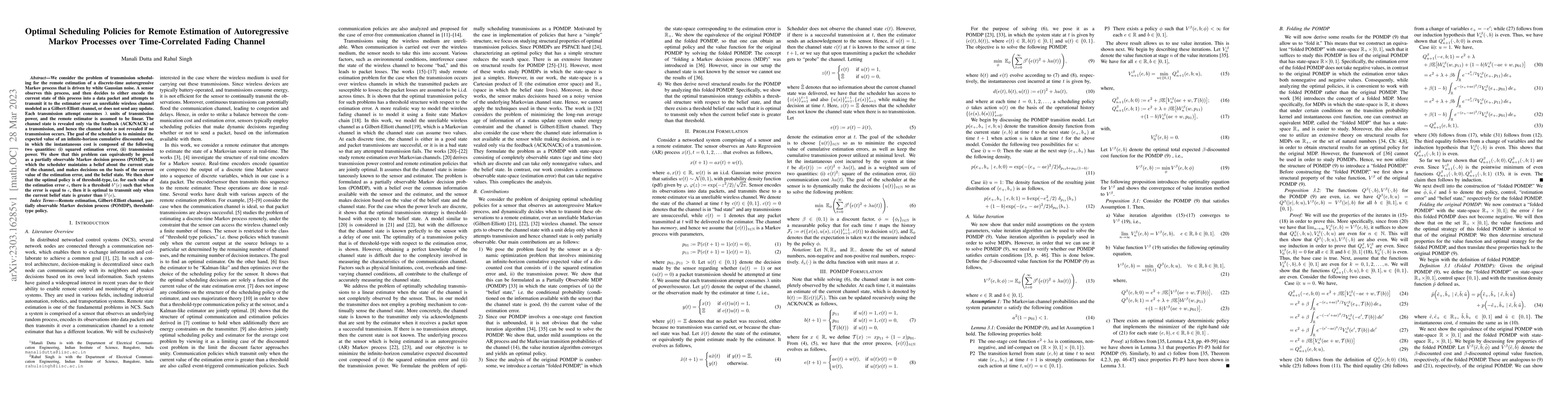 Thumbnail for Optimal Scheduling Policies for Remote Estimation of Autoregressive
  Markov Processes over Time-Correlated Fading Channel