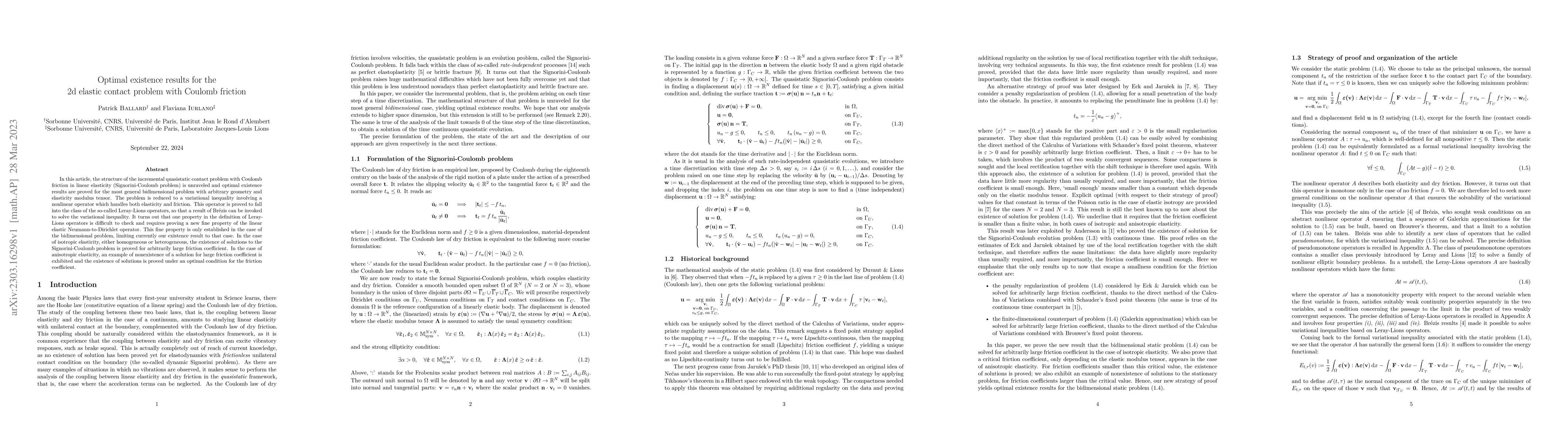 Thumbnail for Optimal existence results for the 2d elastic contact problem with
  Coulomb friction