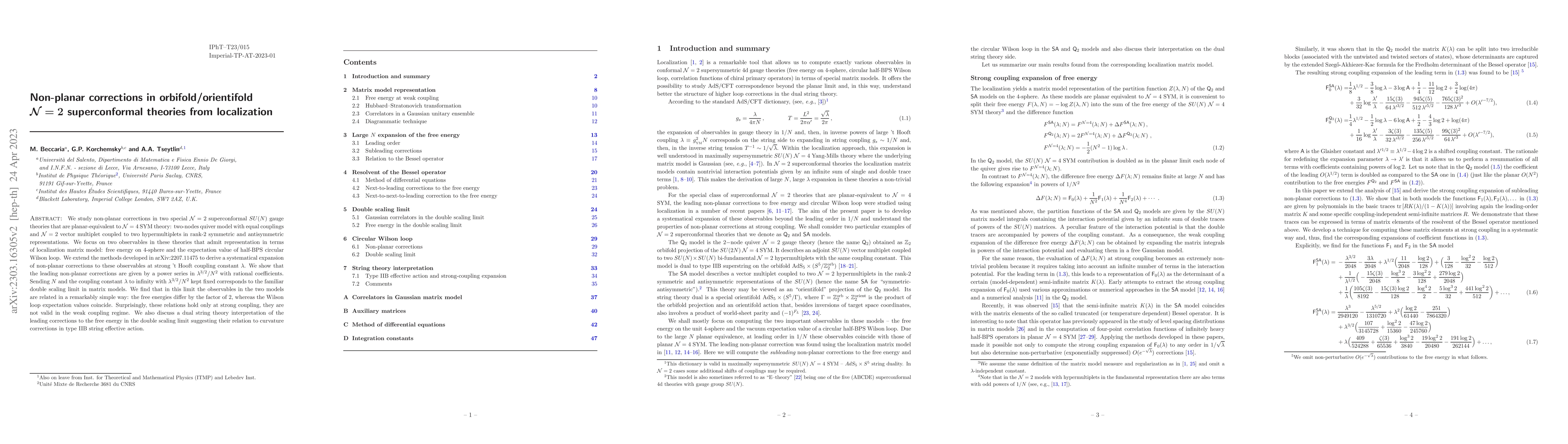 Thumbnail for Non-planar corrections in orbifold/orientifold $\mathcal N=2$
  superconformal theories from localization