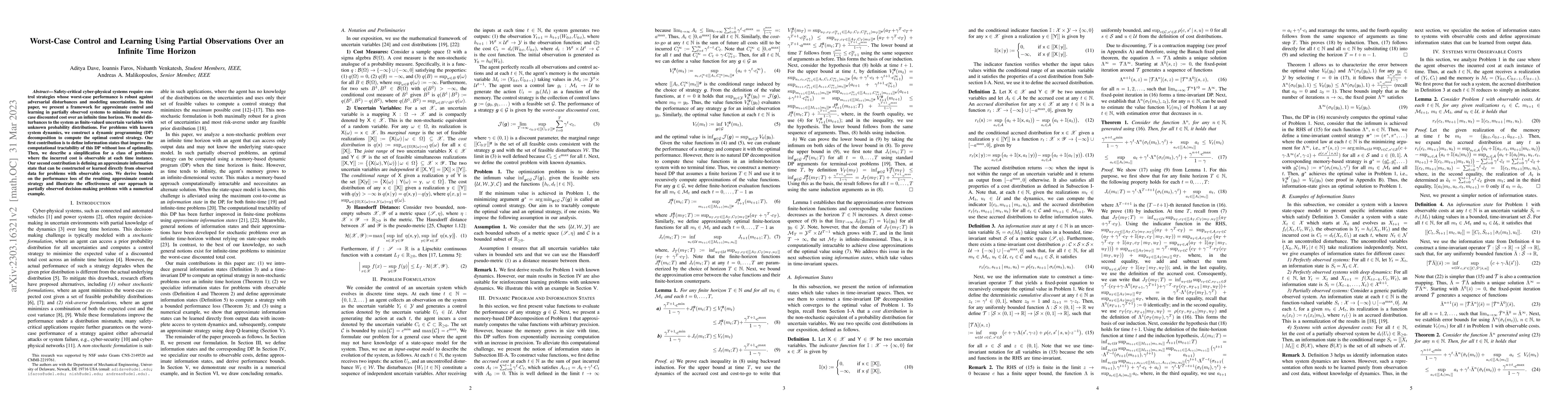 Thumbnail for Worst-Case Control and Learning Using Partial Observations Over an
  Infinite Time-Horizon