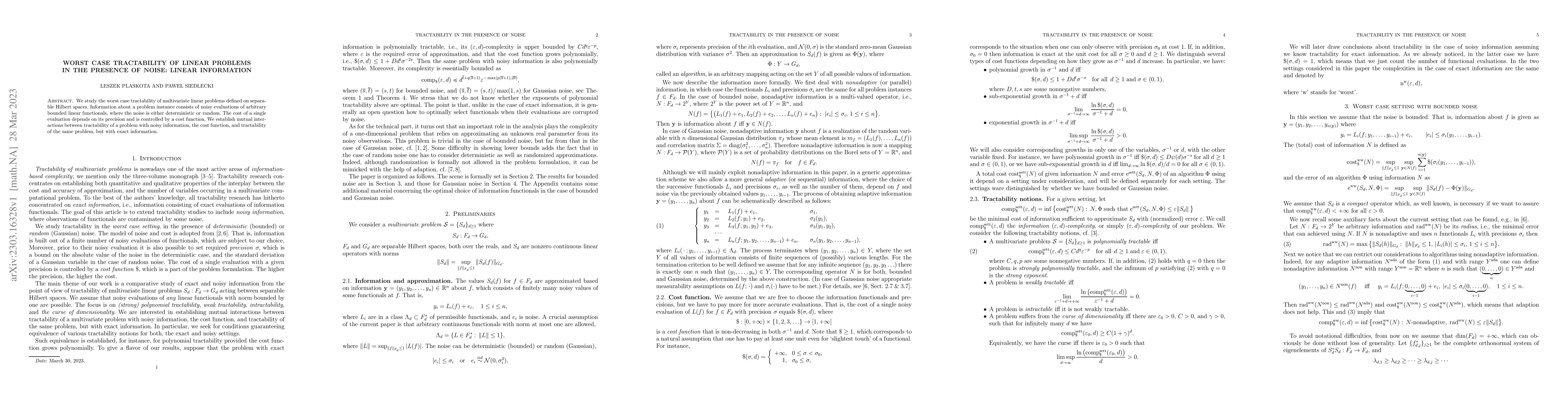 Thumbnail for Worst case tractability of linear problems in the presence of noise:
  linear information