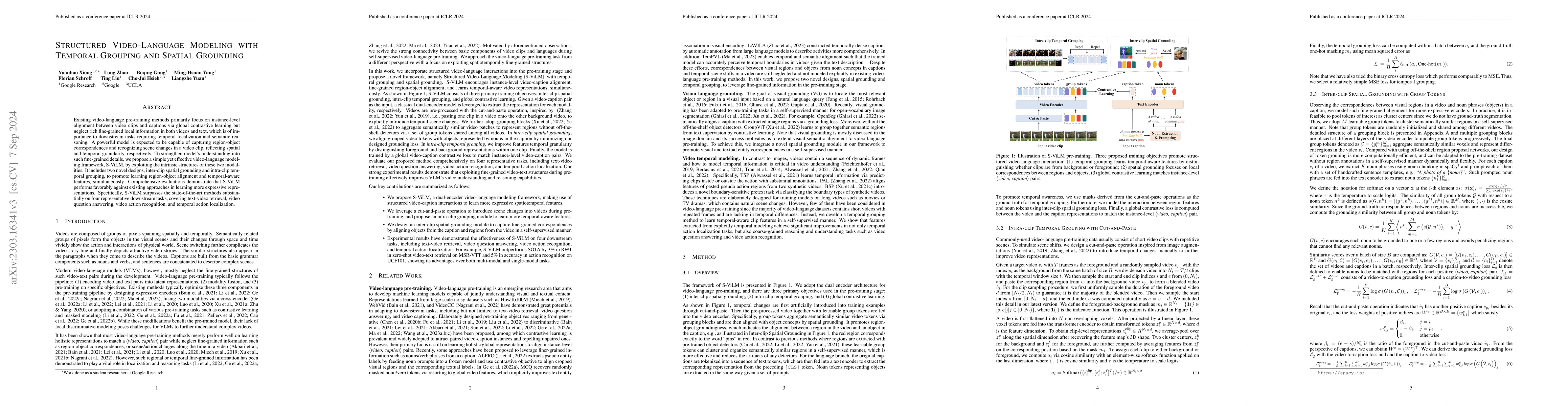 Thumbnail for Structured Video-Language Modeling with Temporal Grouping and Spatial
  Grounding
