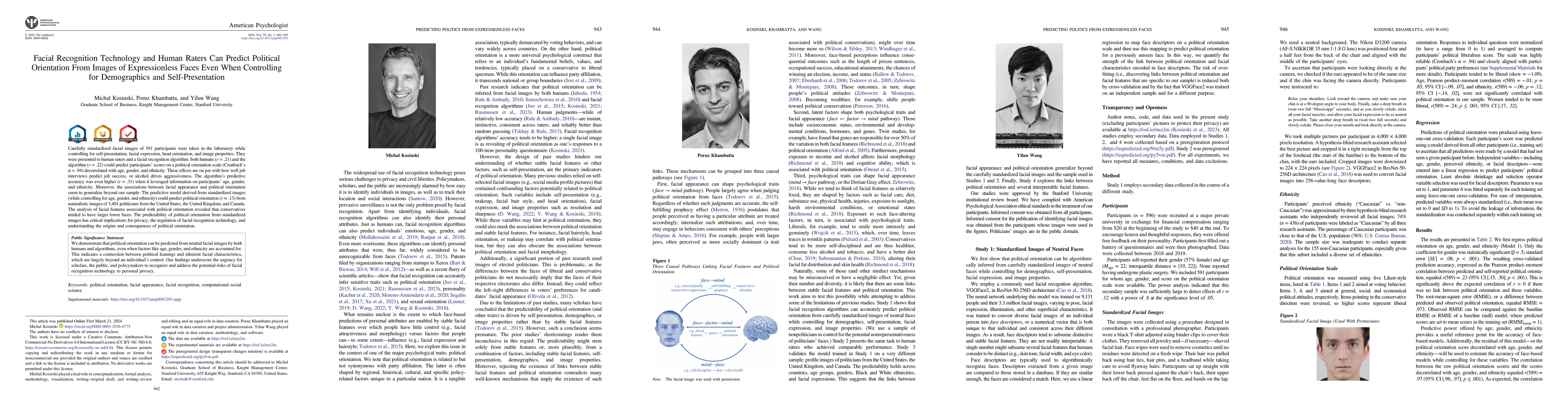 Thumbnail for Facial recognition technology and human raters can predict political
  orientation from images of expressionless faces even when controlling for
  demographics and self-presentation